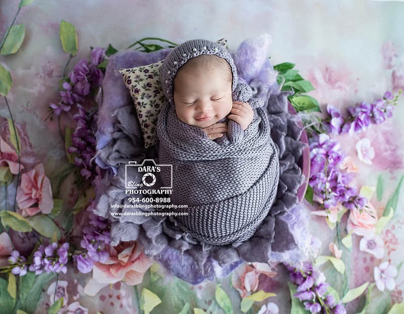 newborn baby photographer lavender wrap floral bowl