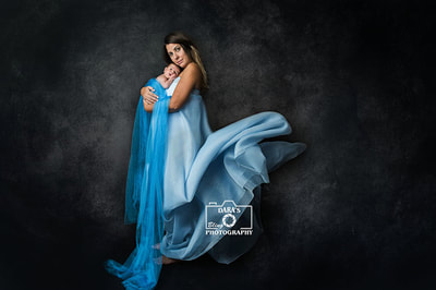 newborn baby photographer mother and son flowing blue fabric