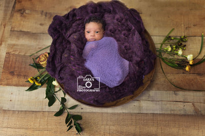 Weston Florida newborn photographer baby girl in purple bowl with flowers