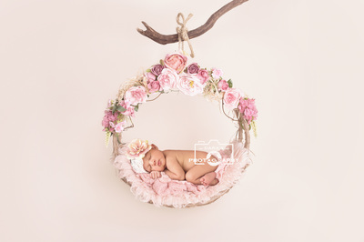 newborn photographer parkland baby girl on floral swing